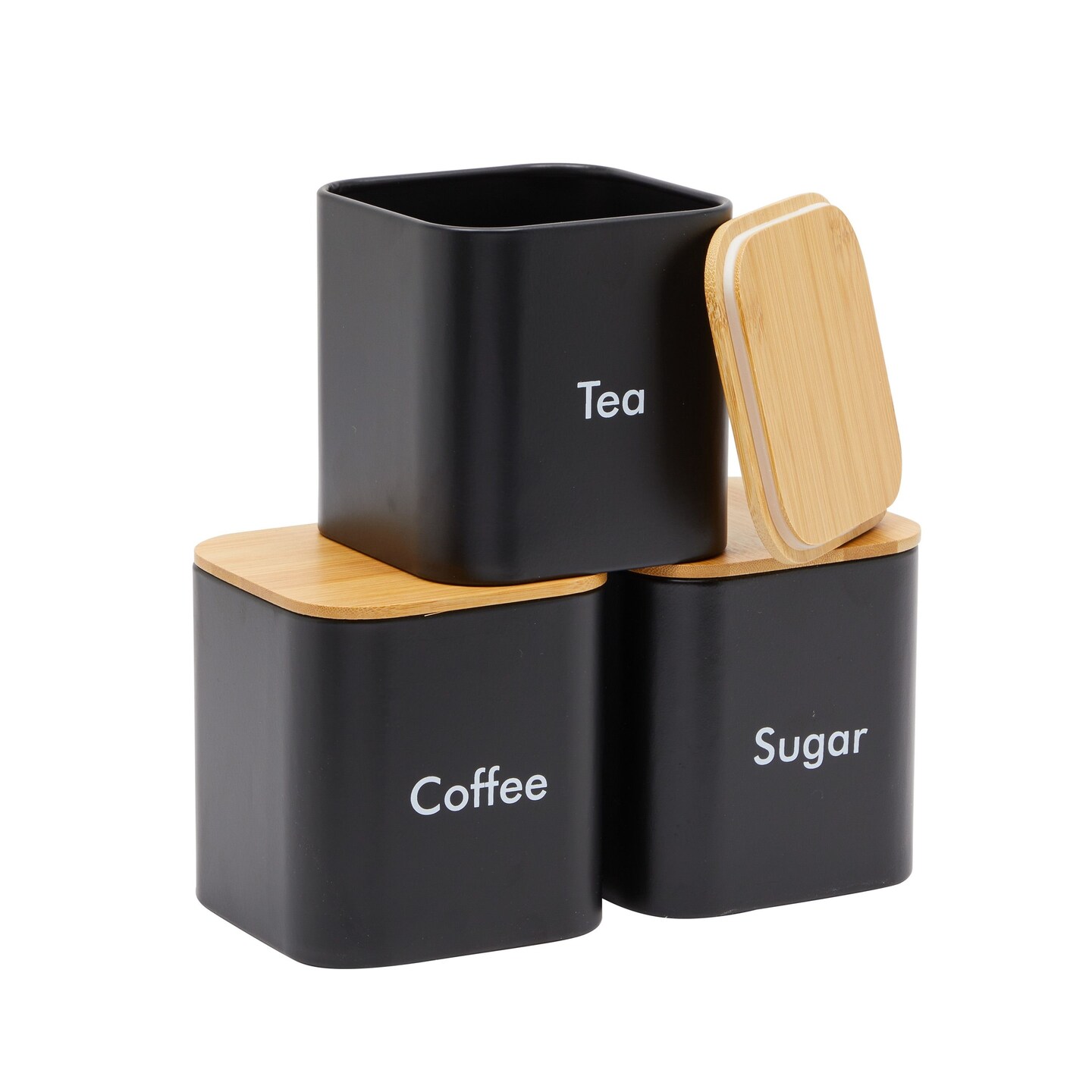 Black Tea Coffee Sugar Canisters Set with Bamboo Lids – Kitchen Storage Solutions