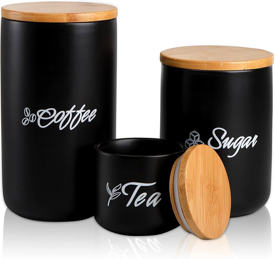 Black Ceramic Tea, Coffee, Sugar Containers – Durable & Airtight Kitchen Storage Set
