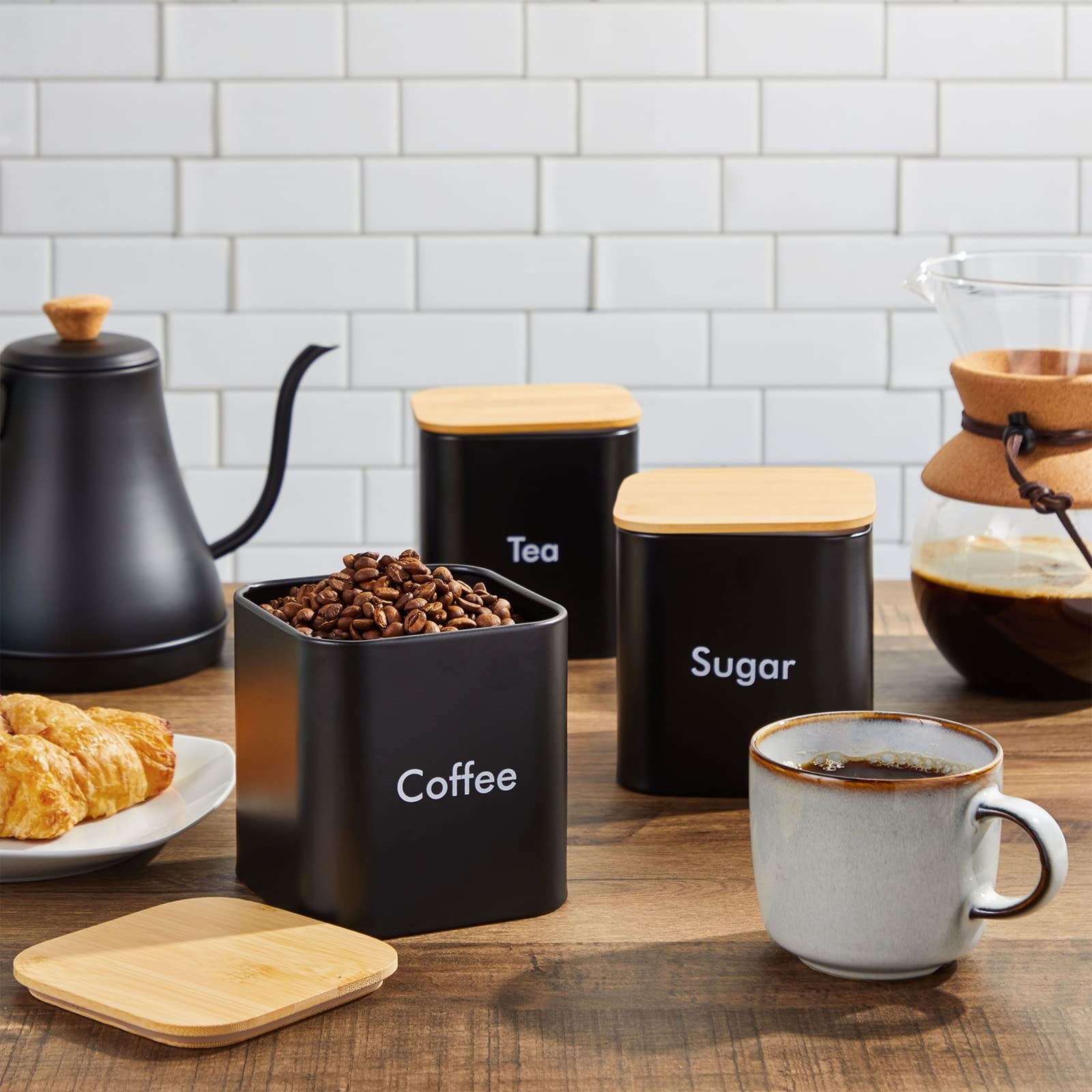 Black Tea Coffee Sugar Canisters Set with Bamboo Lids - Stylish Kitchen Storage Solution