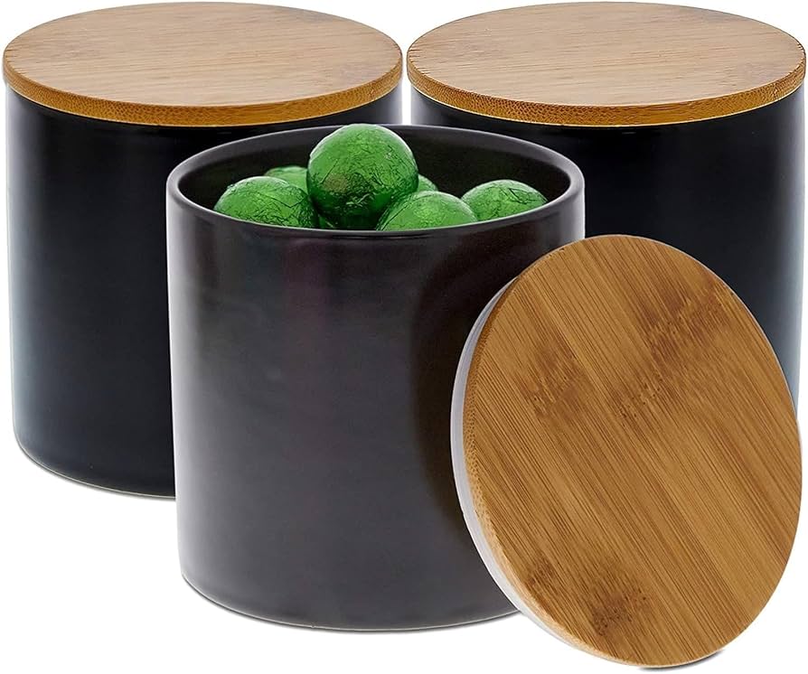 Black Tea Coffee Sugar Canisters Ceramic Set with Bamboo Lids – Stylish Kitchen Storage