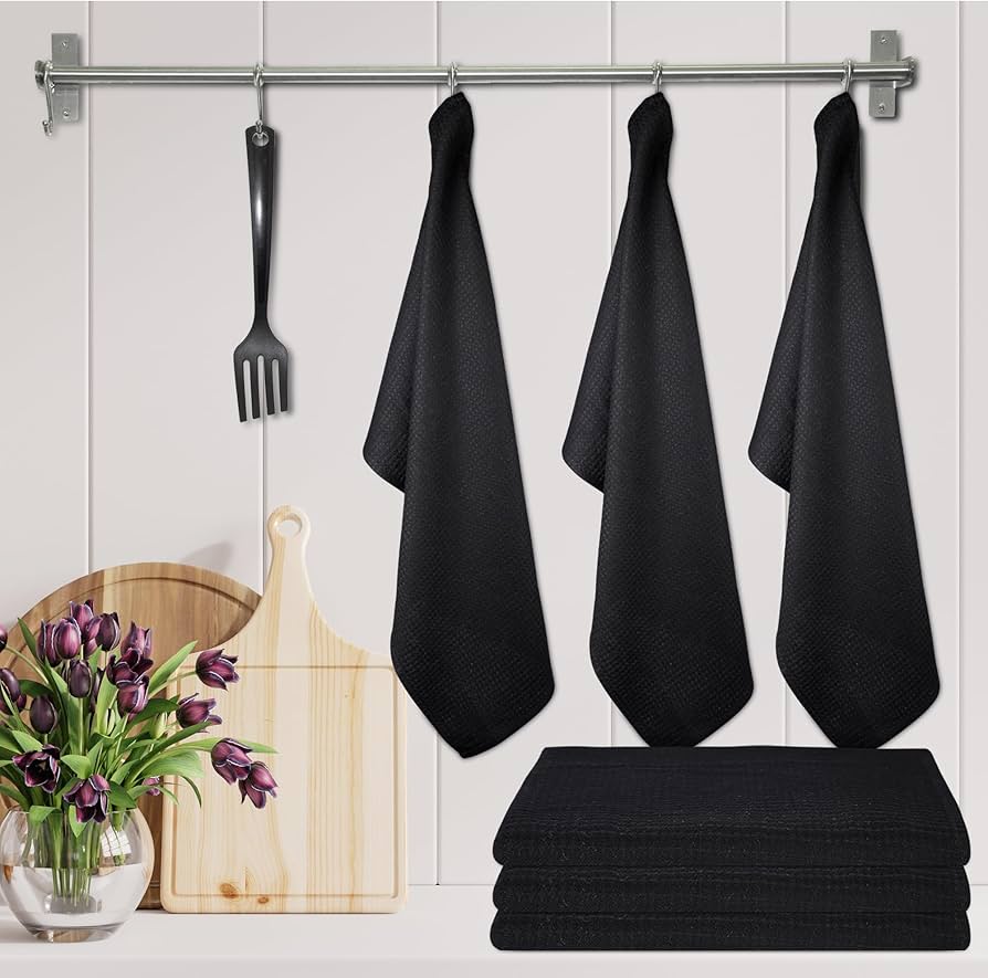 Black Tea Towels - Highly Absorbent 100% Cotton Dish Towels for Kitchen Use
