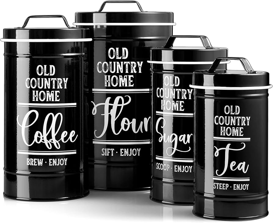 Black Ceramic Tea, Coffee, Sugar Containers – Durable & Airtight Kitchen Storage Set
