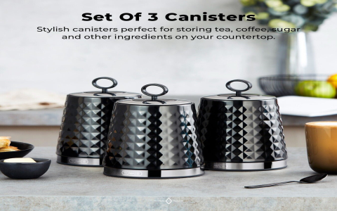 Matte Black Tea, Coffee, and Sugar Canisters for a Stylish Kitchen Organization