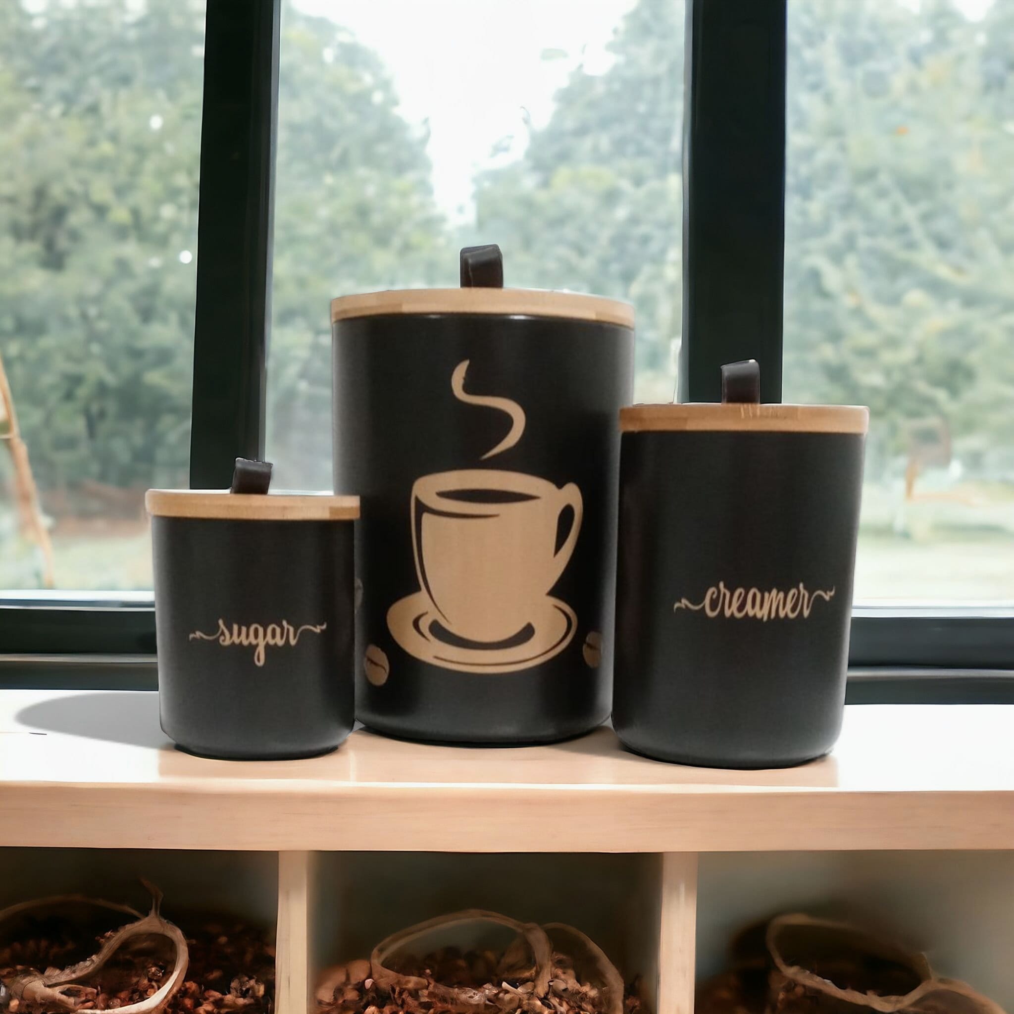 Black Tea Coffee Sugar Canisters Set with Bamboo Lids - Stylish Kitchen Storage Solution