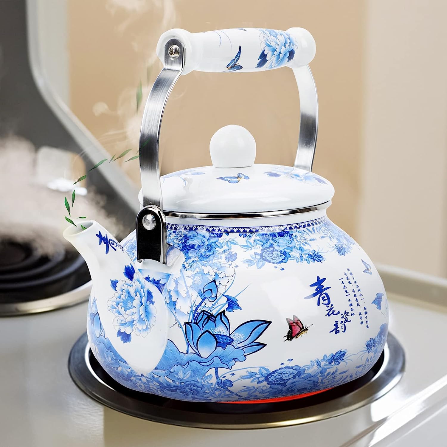 blue and white tea kettle