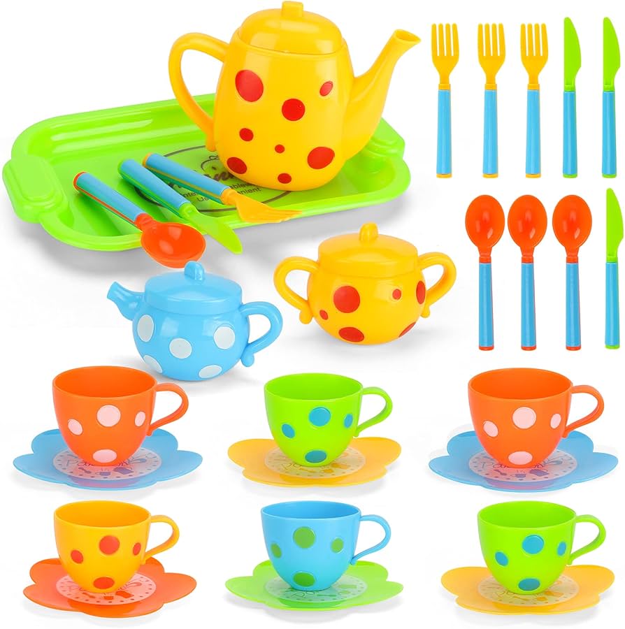Childs Tea Set Plastic – Colorful 18-Piece Toy Tea Set for Kids Role Play