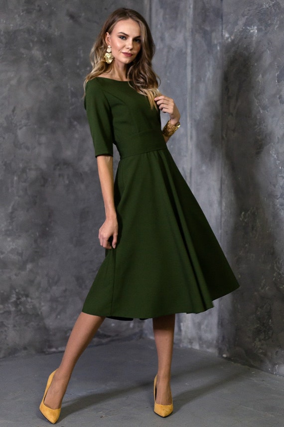 dark green tea length dress