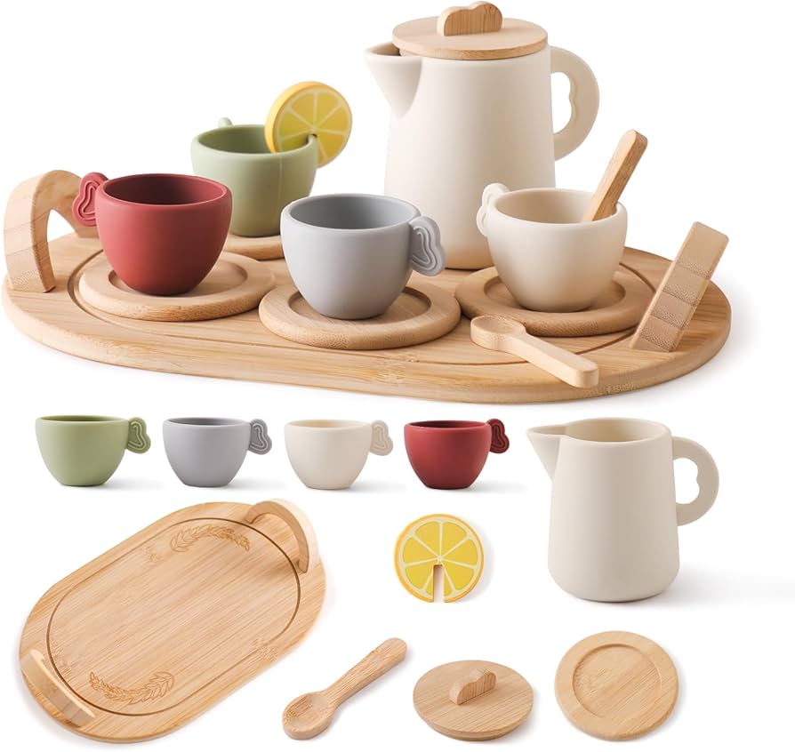 Kids Wooden Tea Set 14-Piece Set for Young Tea Enthusiasts