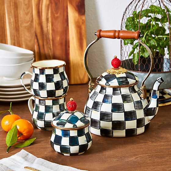 black and white checked tea kettle