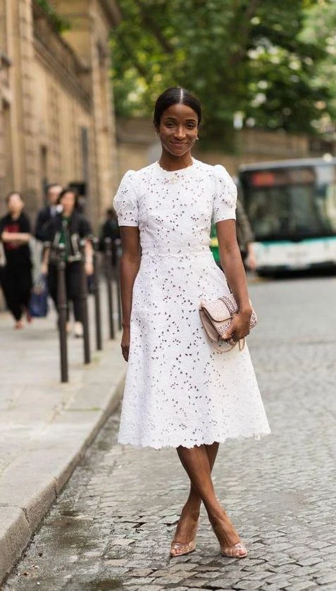 white lace tea length dress