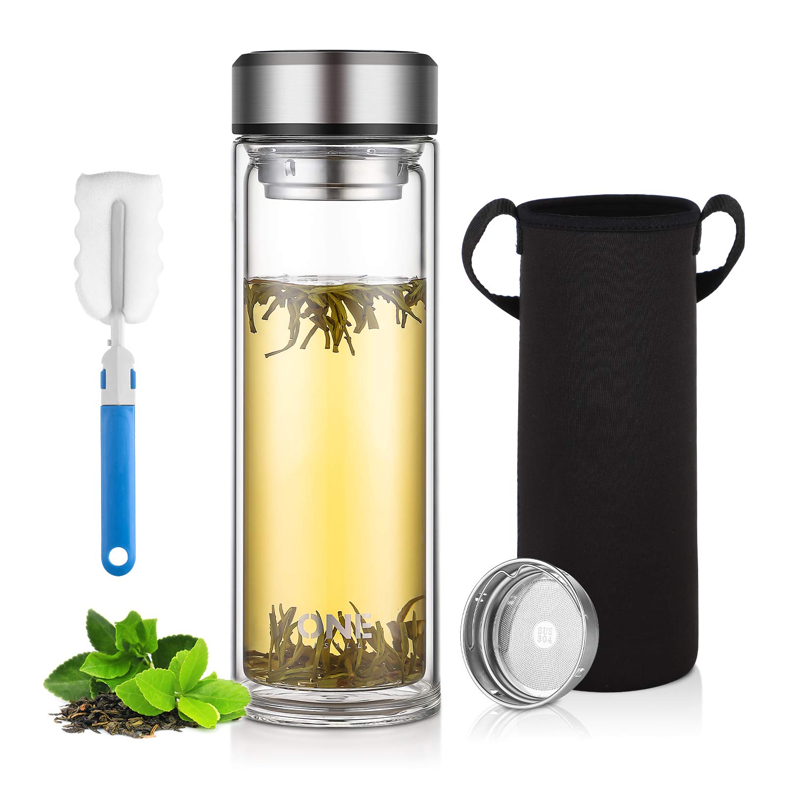 glass water bottle tea infuser nearby