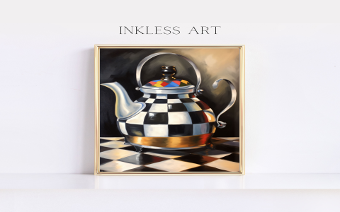 black and white checked tea kettle