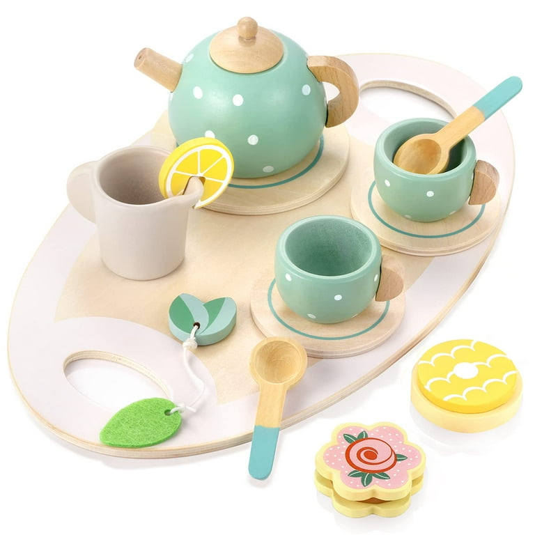Kids Wooden Tea Set 14-Piece Set for Young Tea Enthusiasts