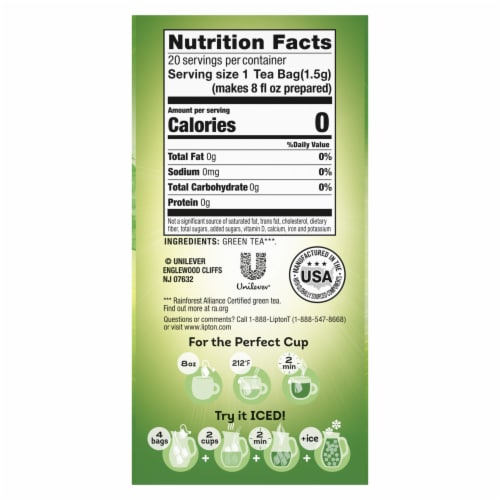 lipton green tea nutrition label