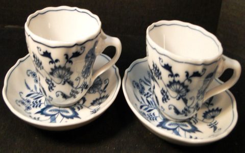 blue and white tea cups and saucers