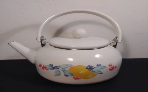 white enamel tea kettle