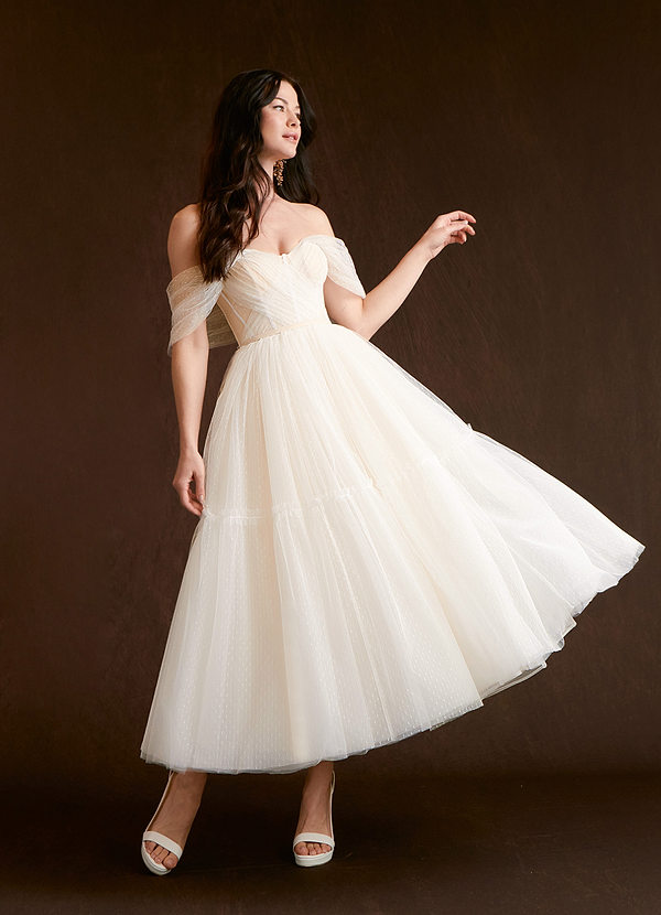 white tea length tulle dress